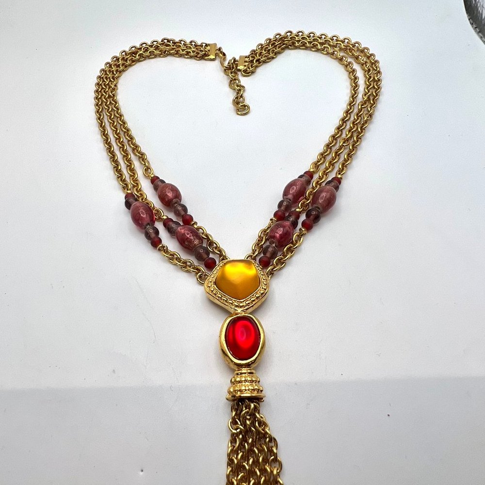 Monet Vintage Triple Strand Glass Bead Accent Tassel Necklace - Picture 2 of 6